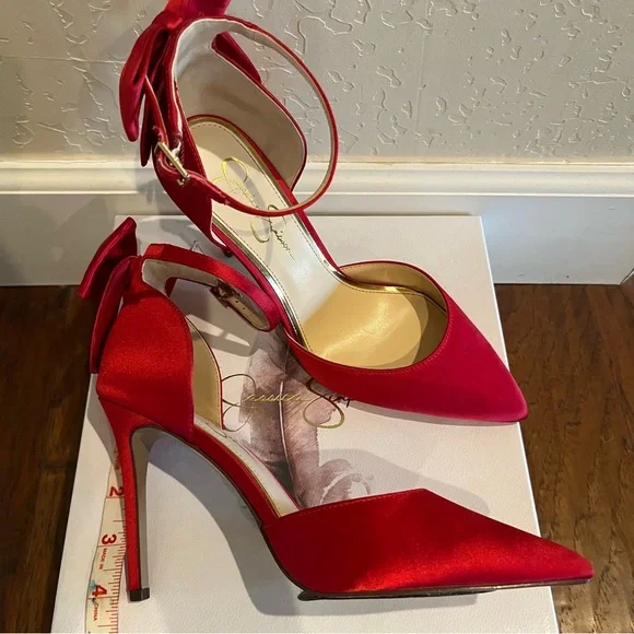 Jessica Simpson Red Satin Heels with Bow - Picture 9 of 12